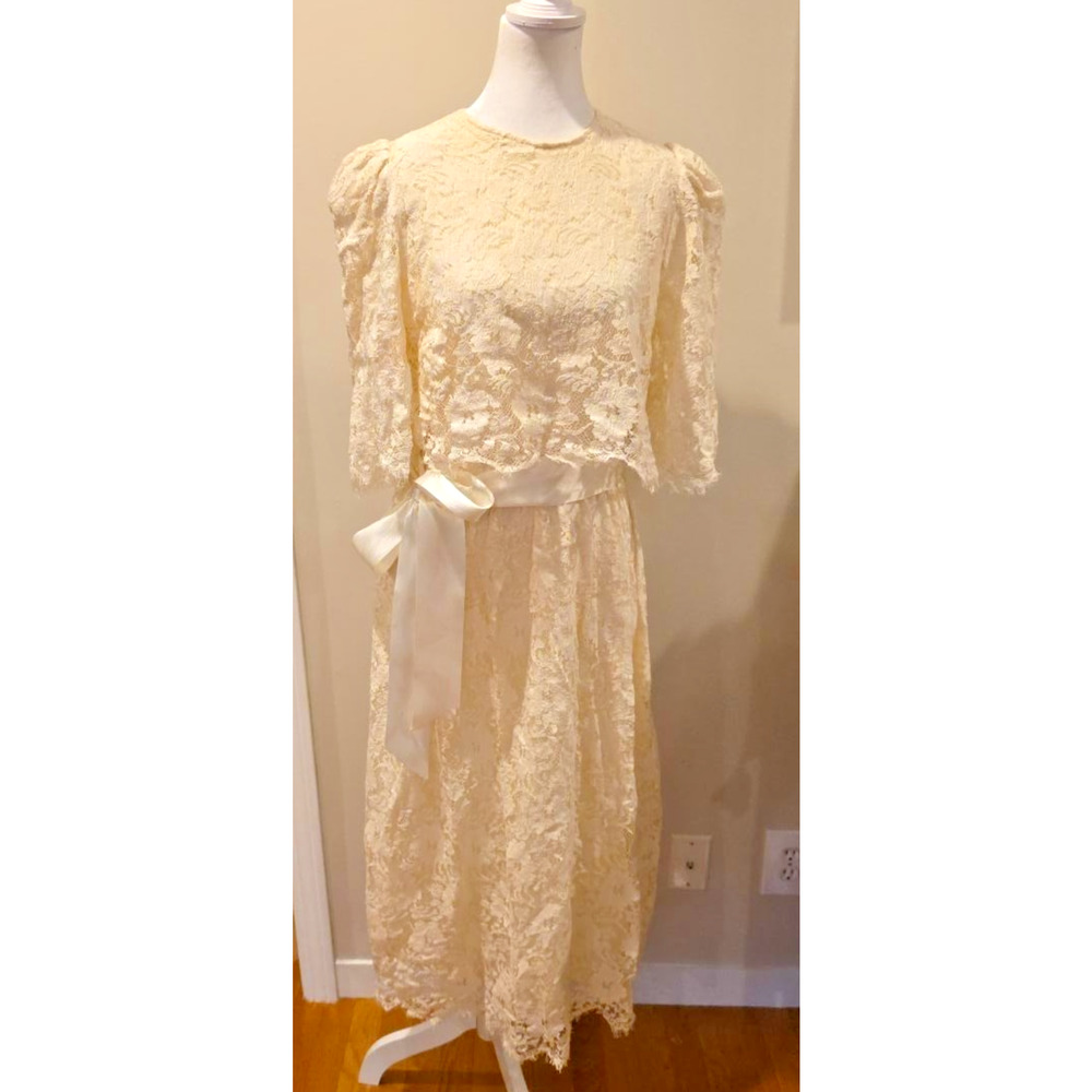 Geri NY Vtg Ivory Lace Midi Dress 14 Lord & Taylor Coquette Bridal Puff Sleeve - Picture 2 of 14